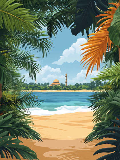 Tropical Beach Paradise With Mosque