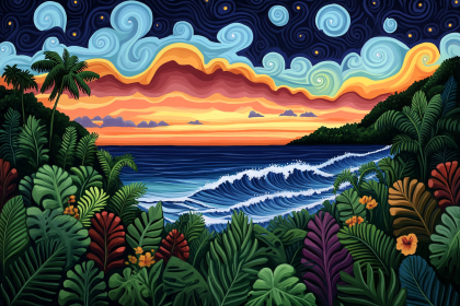 Tropical Beach Sunset With Lush Vegetation
