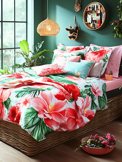 Tropical Bedroom Interior with Floral Bedding