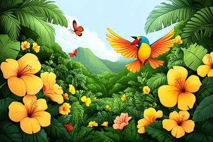 Tropical Bird in Flight with Hibiscus Flowers