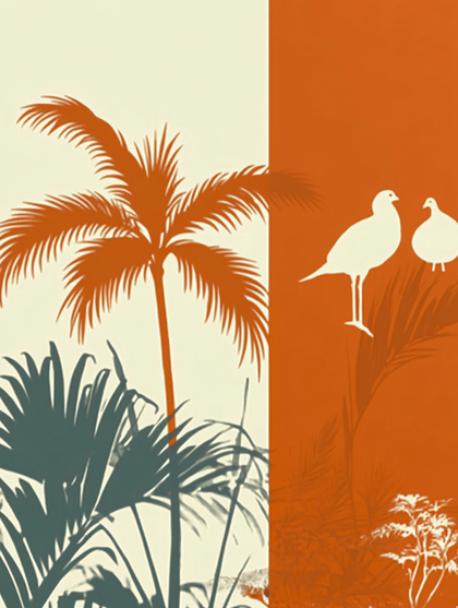 Tropical Birds and Palm Silhouettes