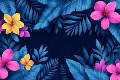 Tropical Floral Frame With Blue Leaves