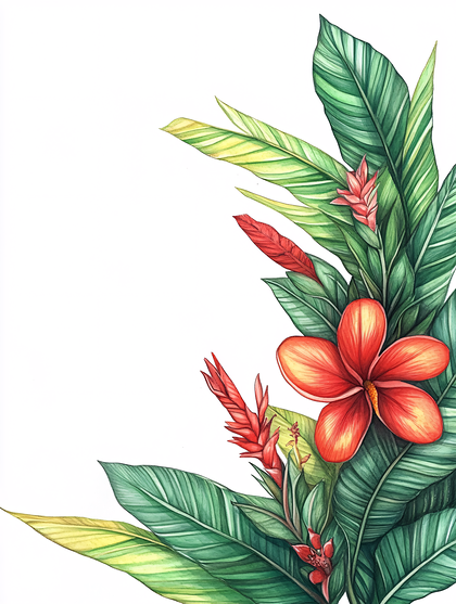 Tropical Foliage And Red Flowers