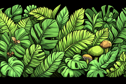 Tropical Foliage with Mushrooms and Insects