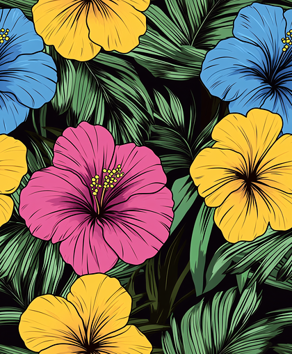 Tropical Hibiscus and Palm Leaves Pattern