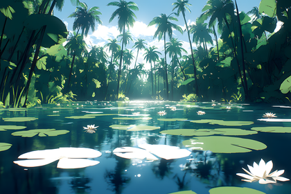 Tropical Lagoon With Lily Pads