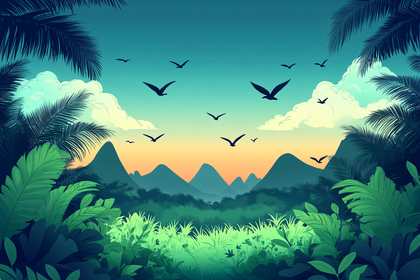 Tropical Mountain Landscape With Birds