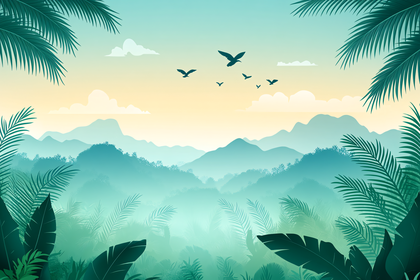 Tropical Mountain Landscape with Birds
