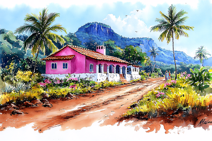 Tropical Pink House Watercolor