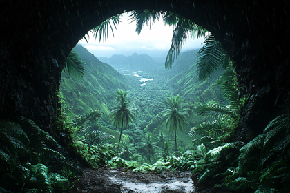 Tropical Rainforest Vista From Cave Opening