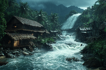 Tropical Rainforest Waterfall in Heavy Rain