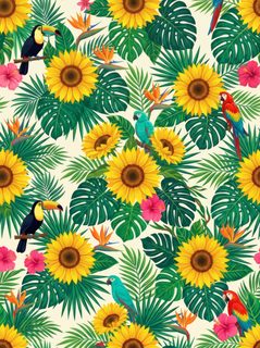 tropical bird sunflower pattern