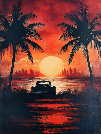 Tropical Sunset Car Scene