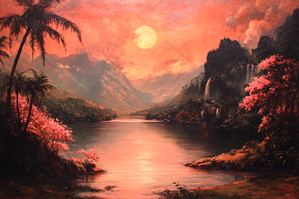 Tropical Sunset Landscape with Waterfalls