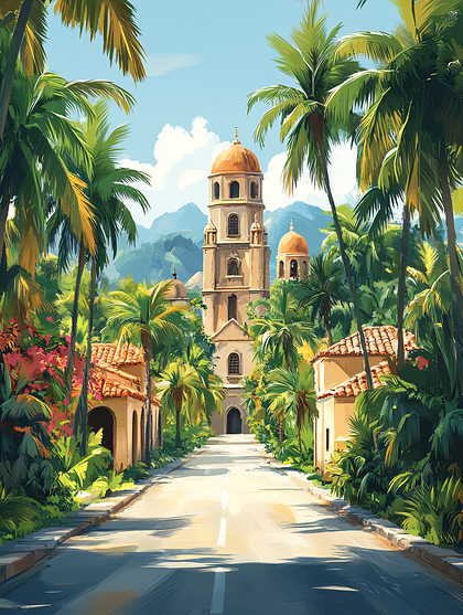 Tropical Town Road With Church