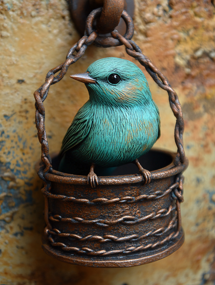 Turquoise Bird In Rustic Basket