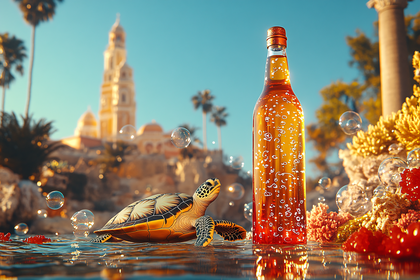 Turtle And Bottle By The Sea