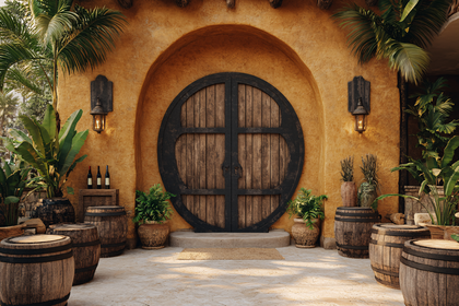 Tuscan Doorway with Wine Barrels