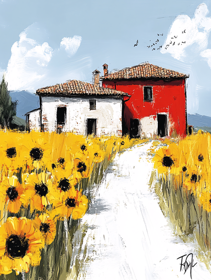 Tuscan Farmhouse With Sunflower Field