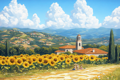 Tuscan Sunflower Field with Church