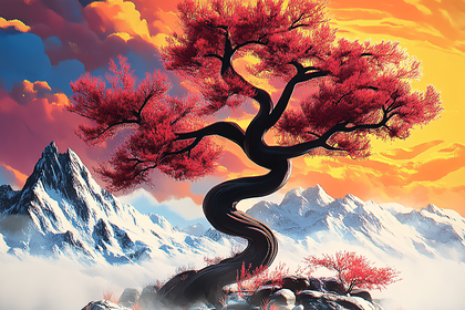 Twisted Tree in Snowy Mountain Landscape