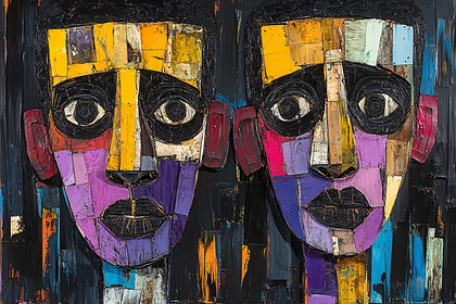 Abstract Painting of Two Stylized Faces with Bold Colors
