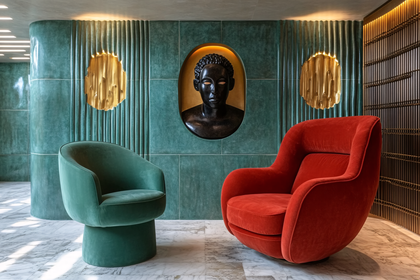 Two Armchairs and Bust Sculpture