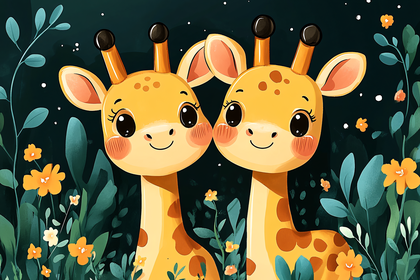 Two Baby Giraffes In Flower Garden