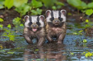 Two Badger Cubs Playfully Wading Through Water
