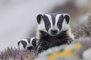 Two Badgers Peeking From Bushes