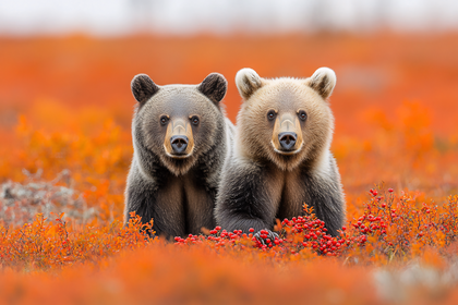 Two Bear Cubs in Berry Field