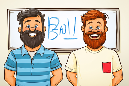 Two Bearded Men Standing in Front of Whiteboard with Ball Written