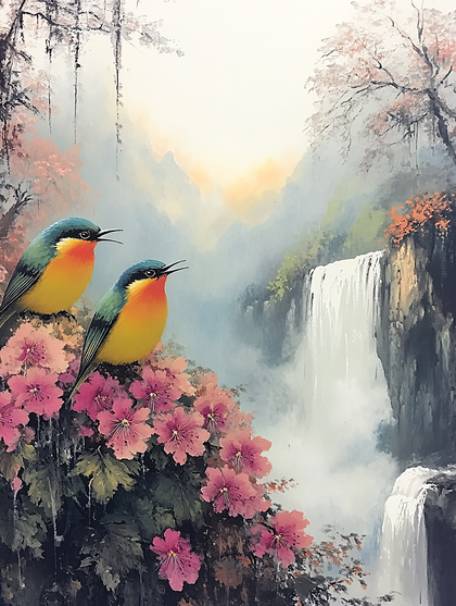 Two Birds In A Waterfall Landscape