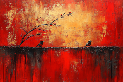 Two Birds on Branch Abstract Painting