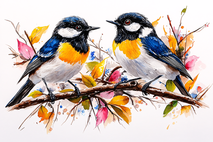 Two Birds On Branch Watercolor