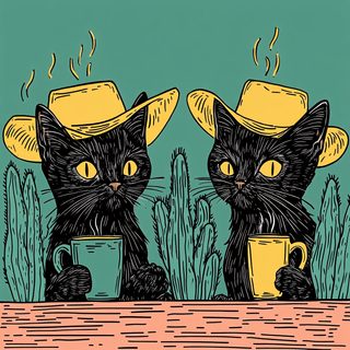 Two Black Cats in Cowboy Hats