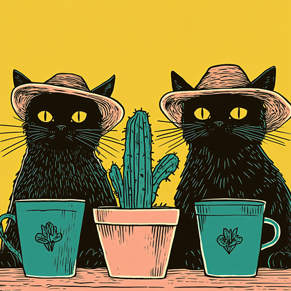 Two Black Cats With Hats