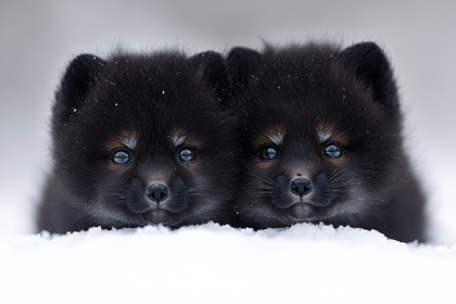 Two Black Pomeranian Puppies In Snow
