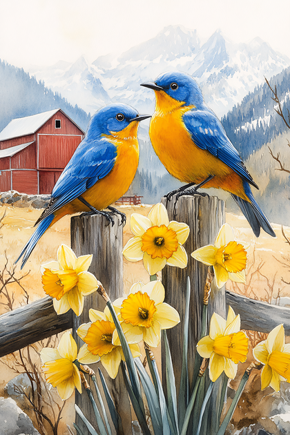 Two Blue Birds With Daffodils