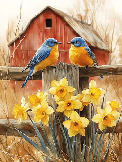 Two Bluebirds And Daffodils