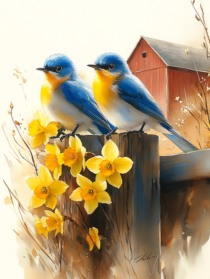 Two Bluebirds and Daffodils