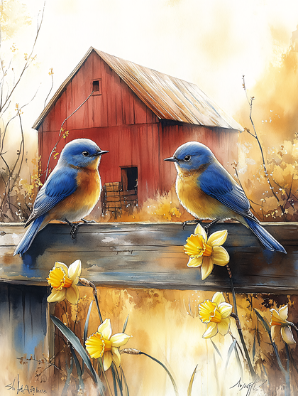Two Bluebirds and Daffodils by a Barn