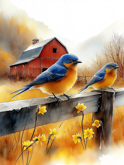 Two Bluebirds On A Fence