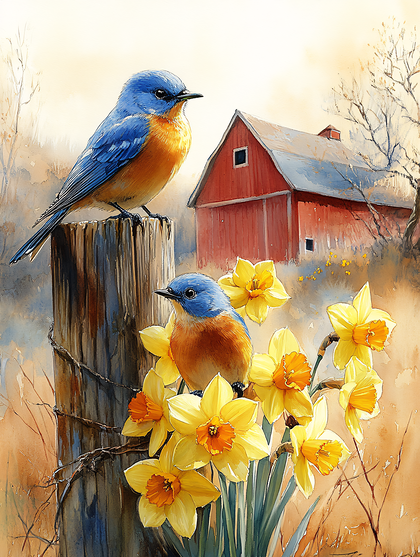 Two Bluebirds Perched With Daffodils