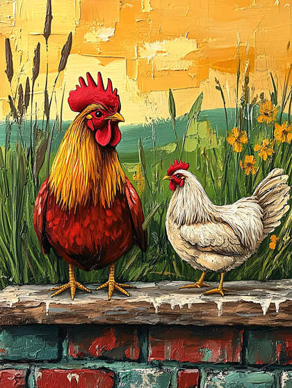 Two Chickens On Brick Ledge