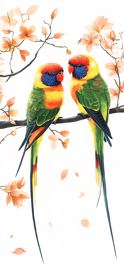 Two Colorful Parrots On Blossom Branch