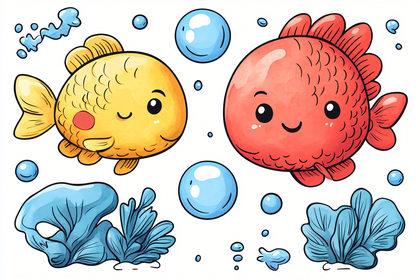 Two Cute Cartoon Fishes with Bubbles and Seaweed