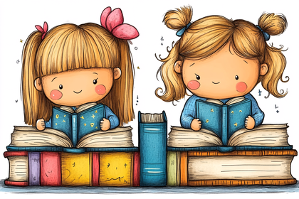 Two Cute Girls Enjoying Reading Books