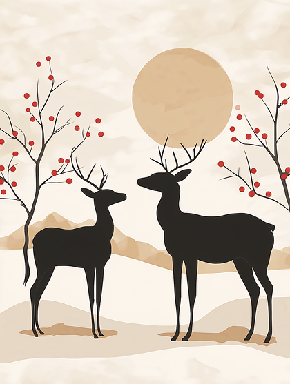 Two Deer Silhouette In Winter Landscape