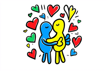 Two Embracing Figures Surrounded by Hearts